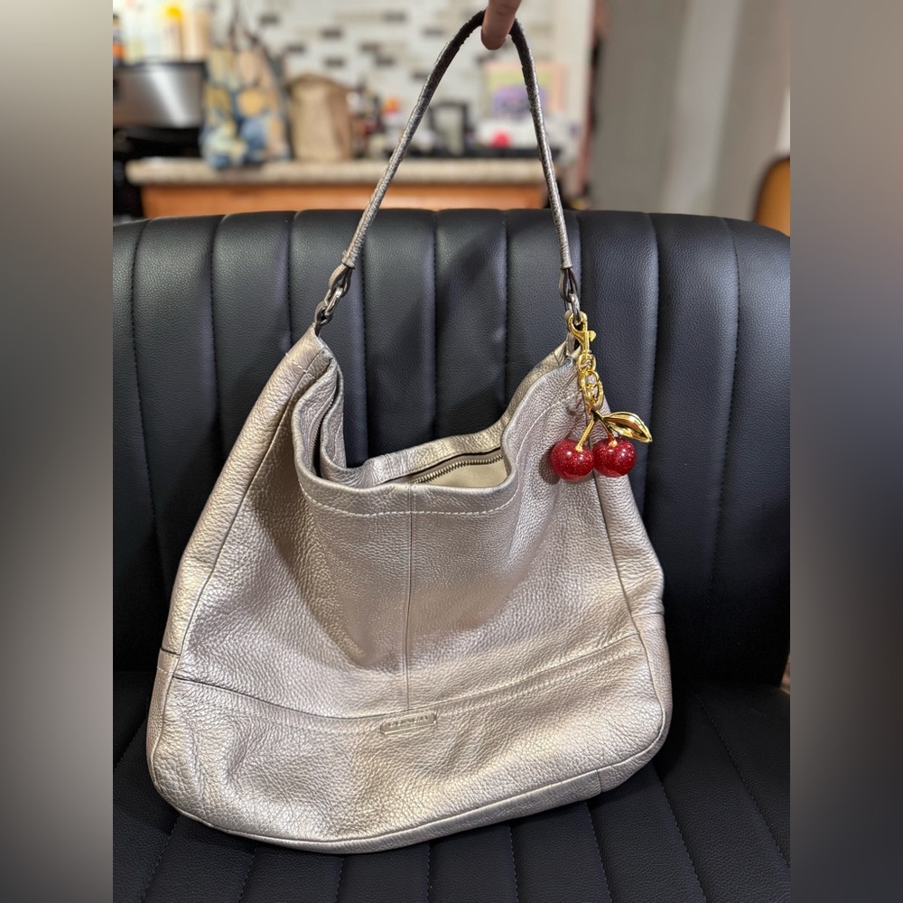 Coach Silver Shoulder Bag with Cherry Charm